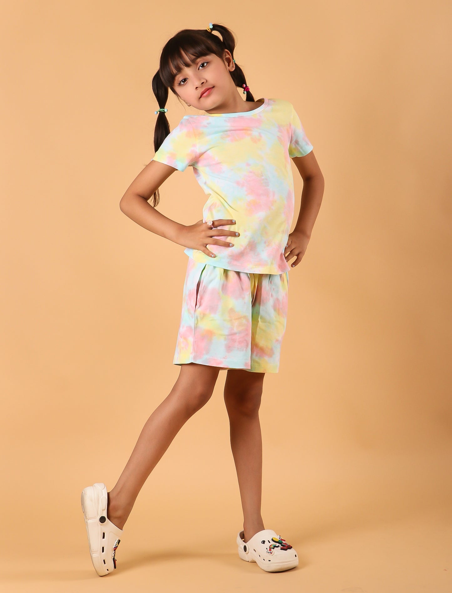 Girls Kids Cotton Tie-Dye T-shirt and Shorts Loungewear Co-ordinate Set (Multi)