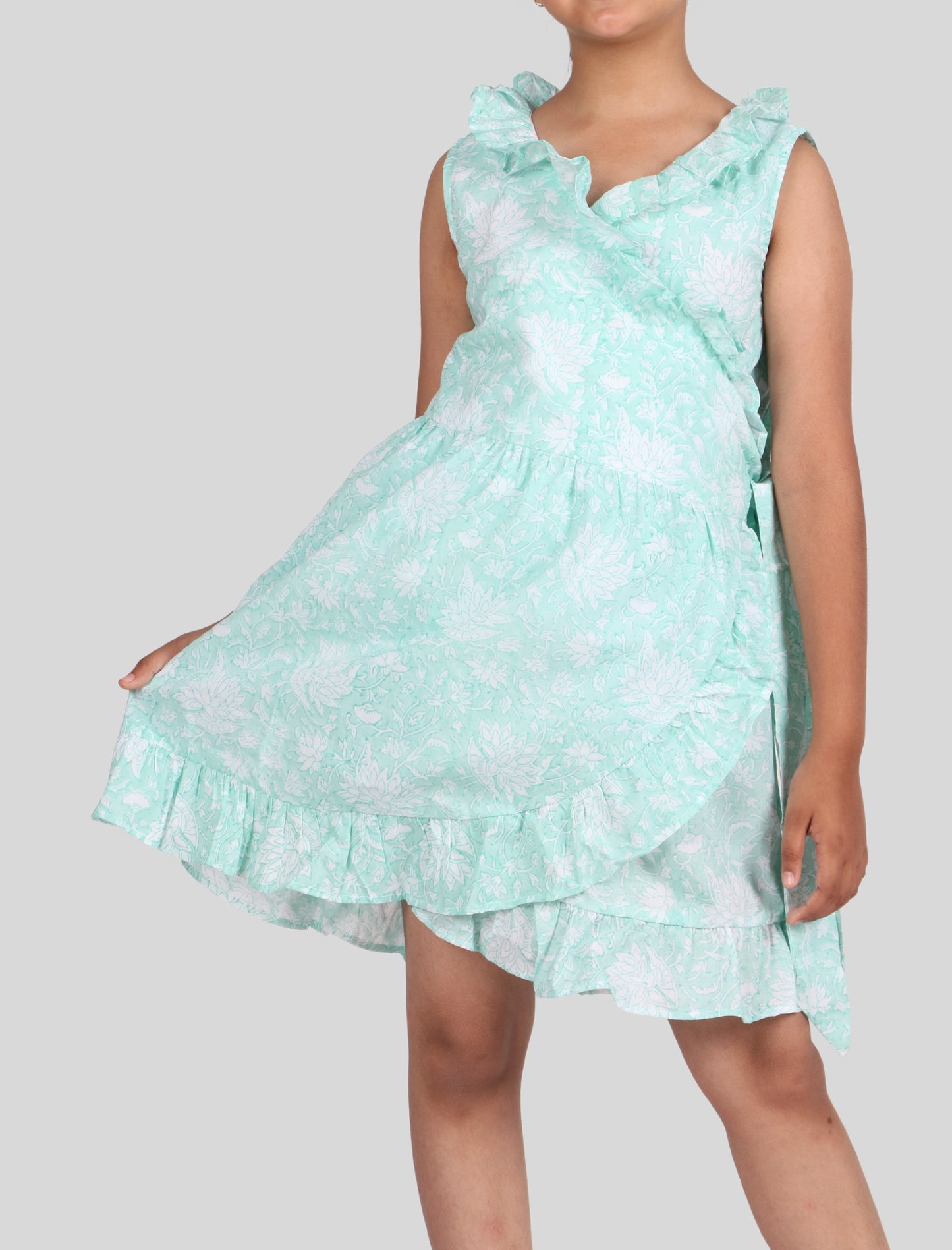 Girls Kids Hand Block Printed Floral Summer Wrap Dress (Sea Green)