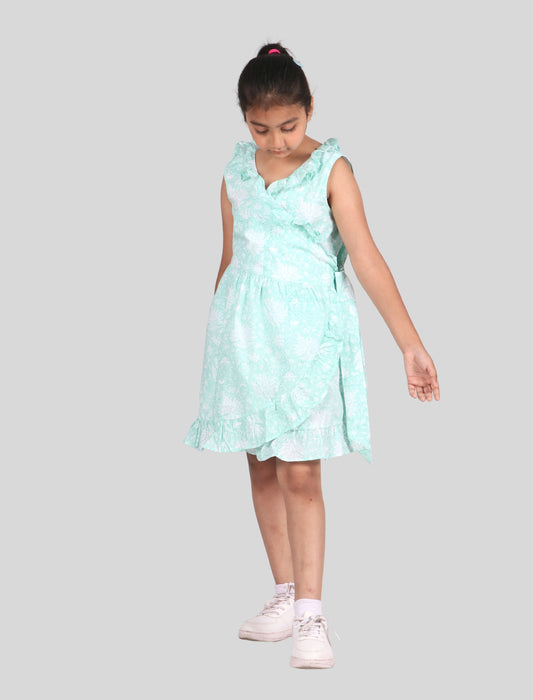 Girls Kids Hand Block Printed Floral Summer Wrap Dress (Sea Green)