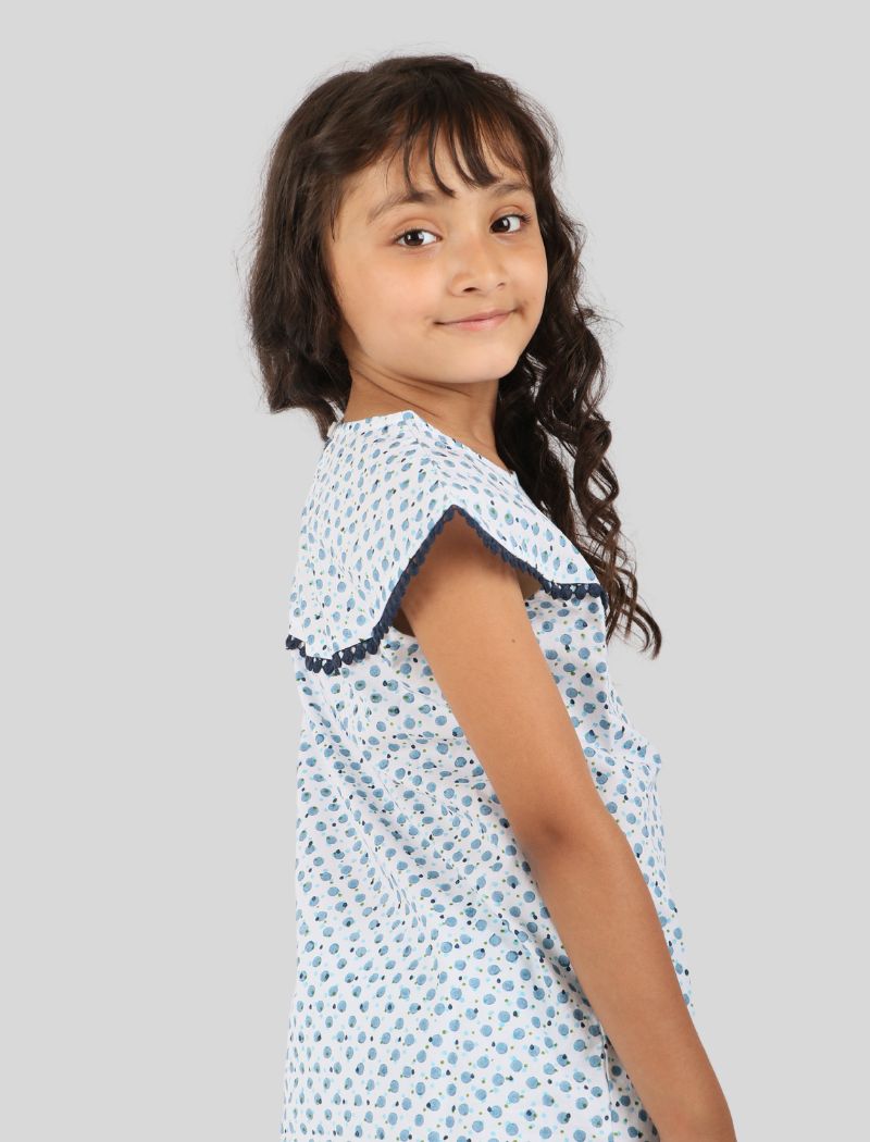 Girls Kids Pure Cotton Hand Block Printed Co-ord Set (Blue)