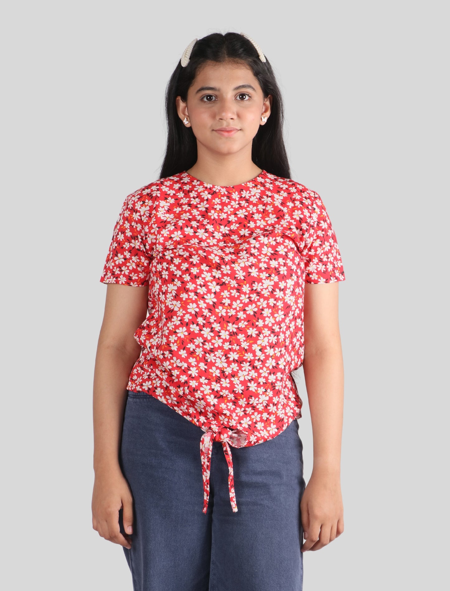 Girls Pure Rayon Floral Summer Top (Half Sleeve, Red)