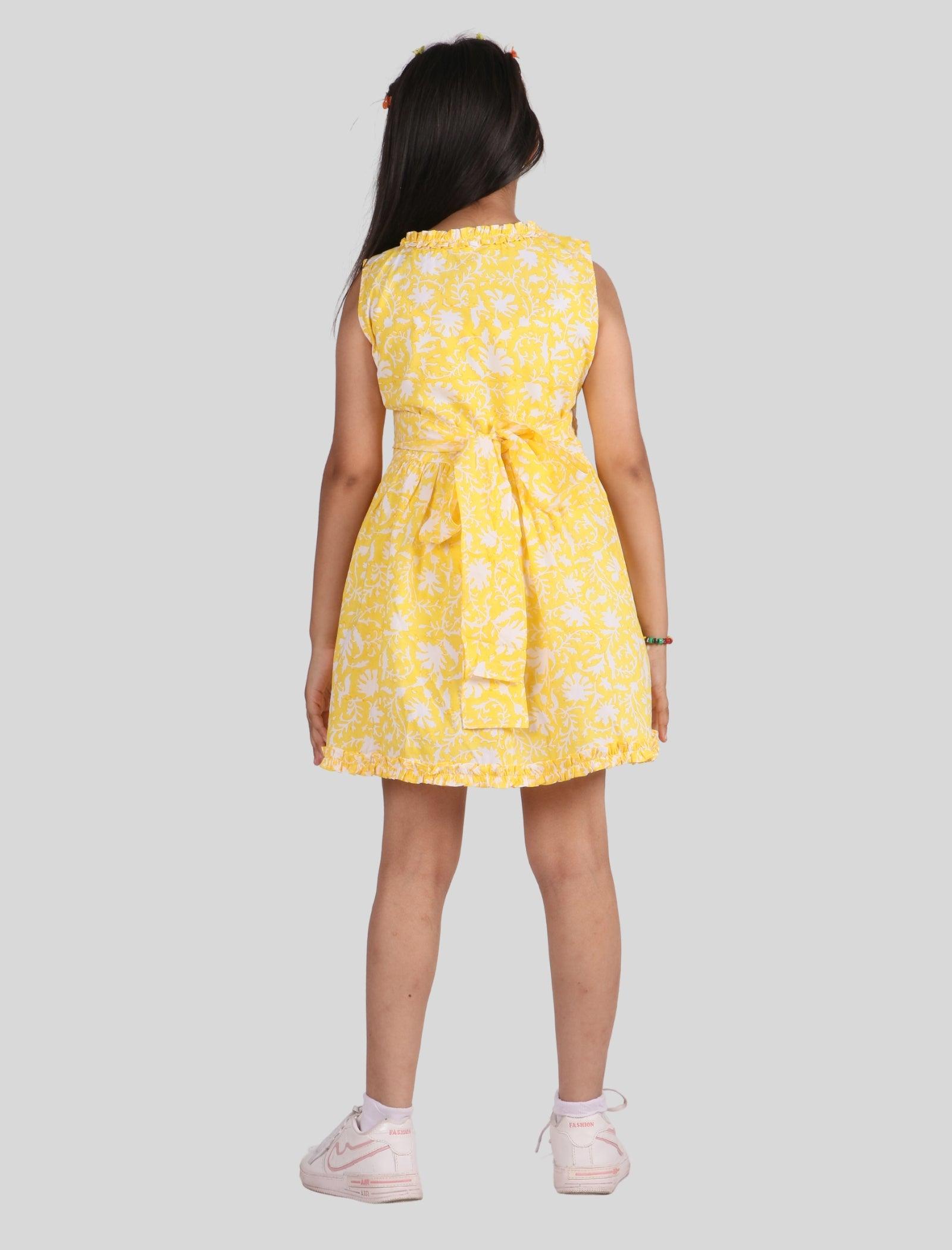 Hand Block Printed Floral Kids Girls Wrap Dress (Yellow) - Tweeny Mini