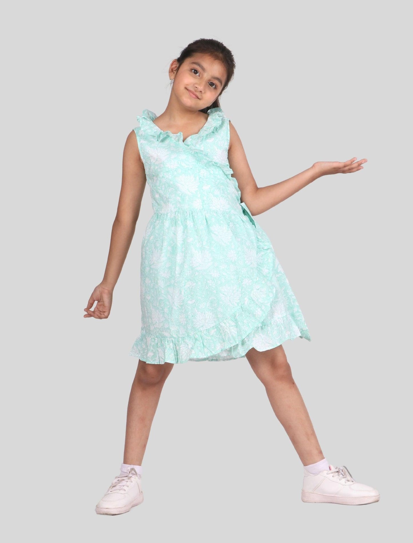 Hand Block Printed Kids Girls Floral Wrap Dress (Sea Green) - Tweeny Mini