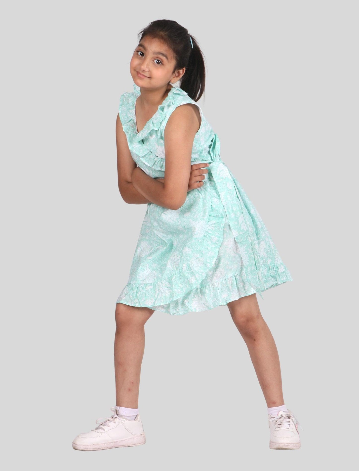 Hand Block Printed Kids Girls Floral Wrap Dress (Sea Green) - Tweeny Mini