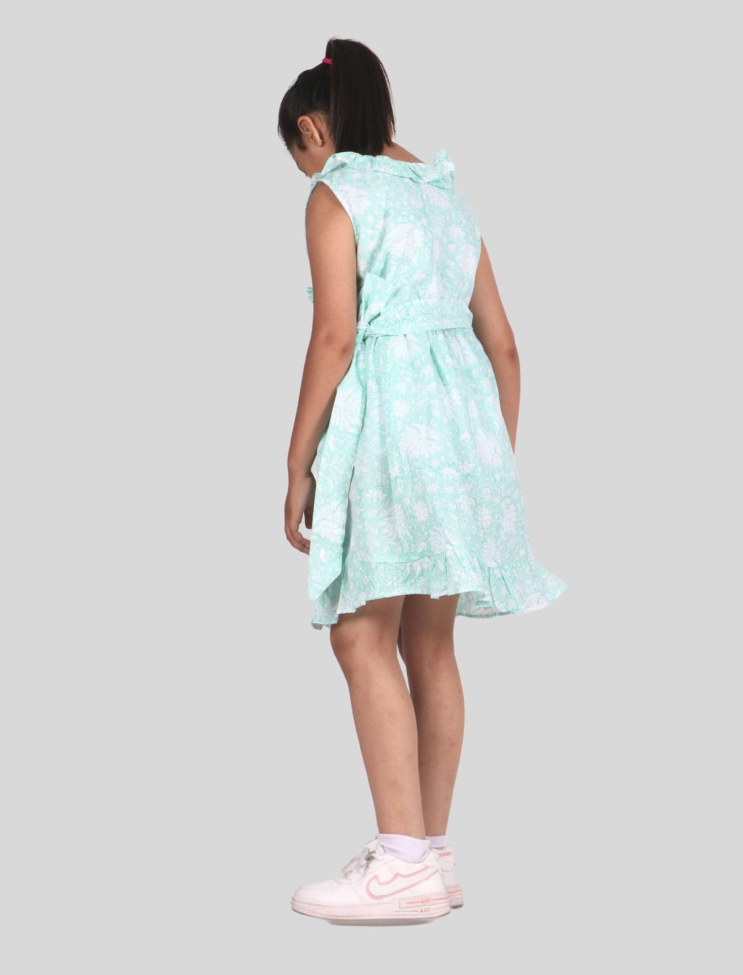 Hand Block Printed Kids Girls Floral Wrap Dress (Sea Green) - Tweeny Mini