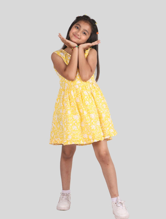 Hand Block Printed Floral Kids Girls Wrap Dress (Yellow) - Tweeny Mini