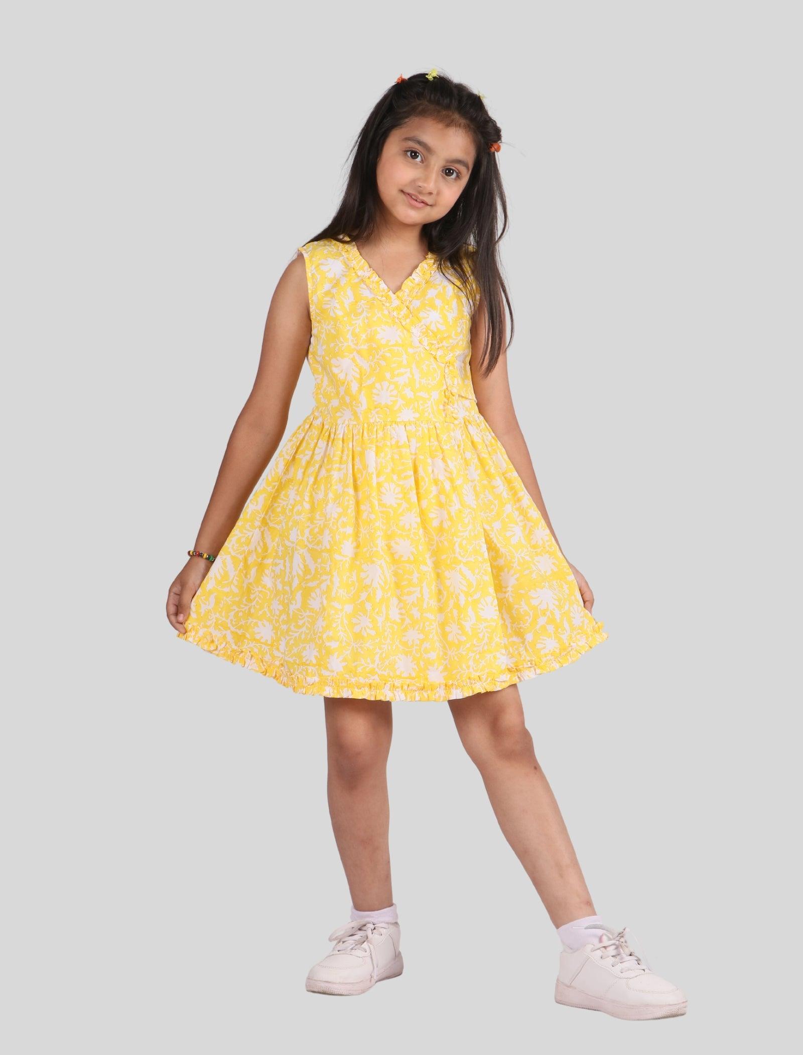 Hand Block Printed Floral Kids Girls Wrap Dress (Yellow) - Tweeny Mini