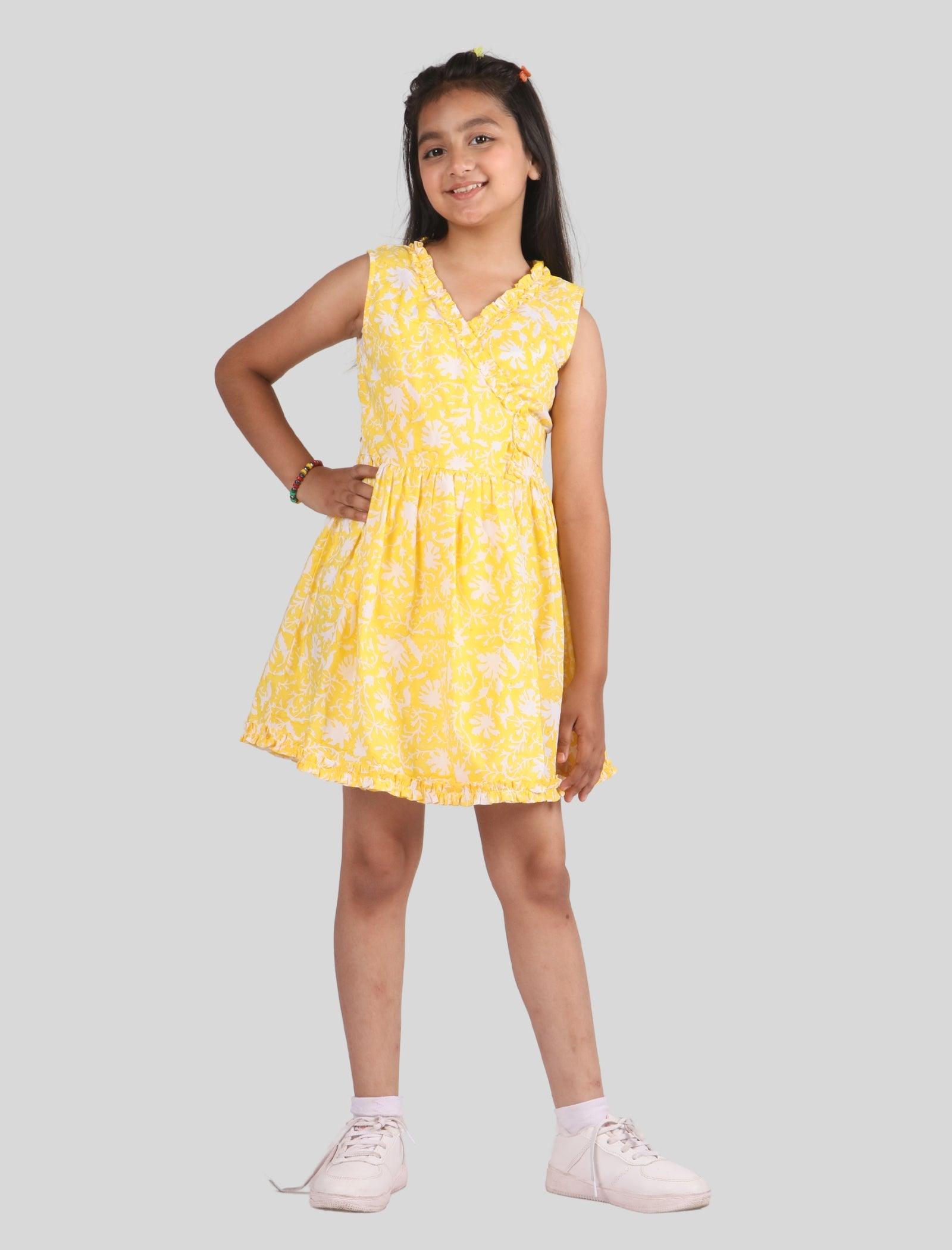 Hand Block Printed Floral Kids Girls Wrap Dress (Yellow) - Tweeny Mini