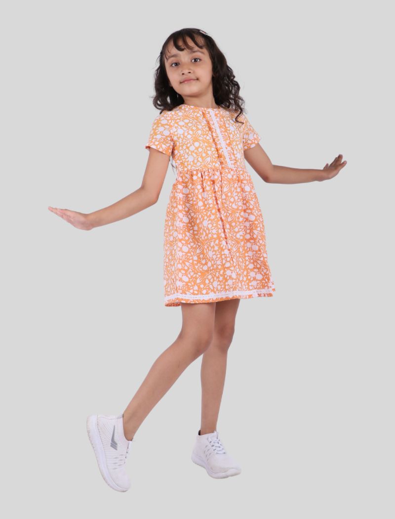 Girls Kids Block Printed Pure Cotton Short Sleeve Summer Dress (Orange)