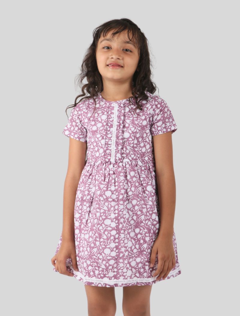 Girls Kids Block Printed Pure Cotton Short Sleeve Summer Dress (Purple)