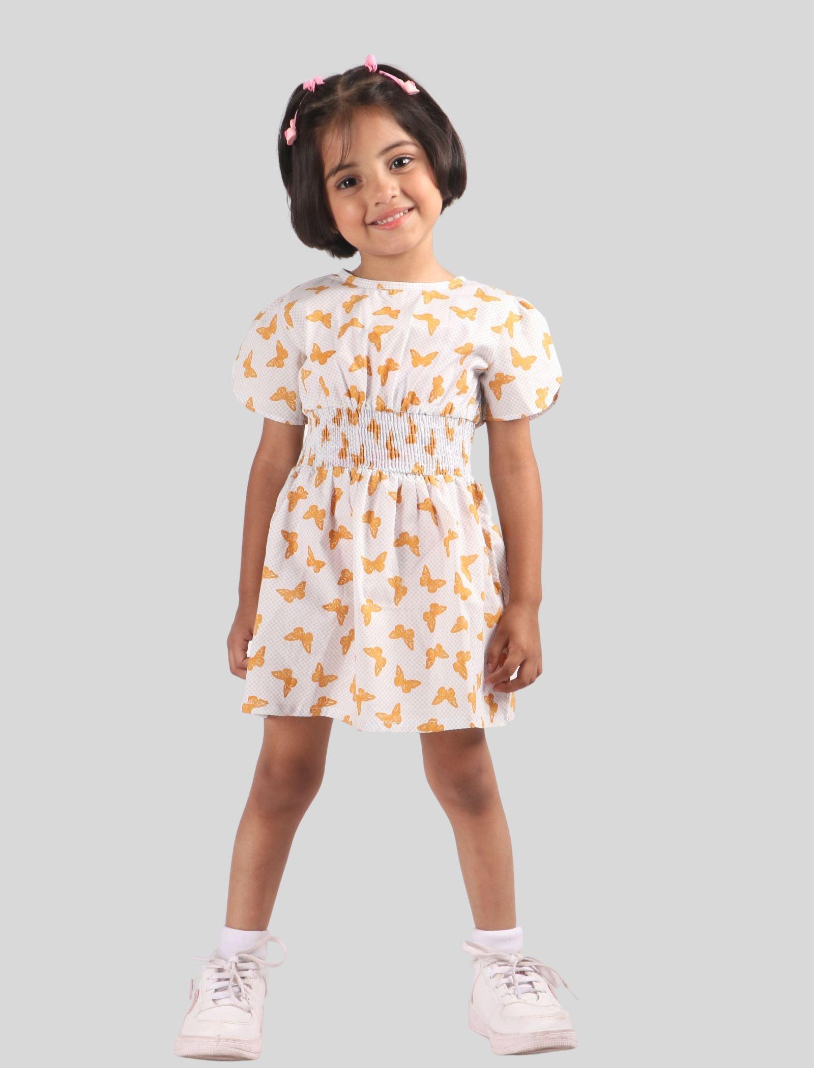 Butterfly Printed Cotton Frock for Girls Kids (White) - Tweeny Mini