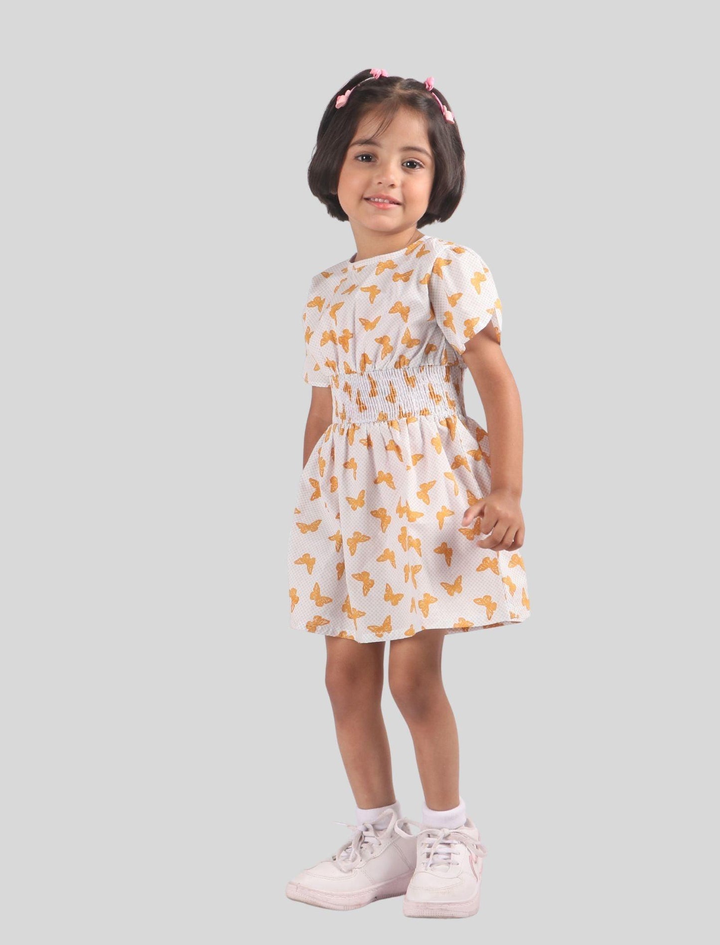 Butterfly Printed Cotton Frock for Girls Kids (White) - Tweeny Mini