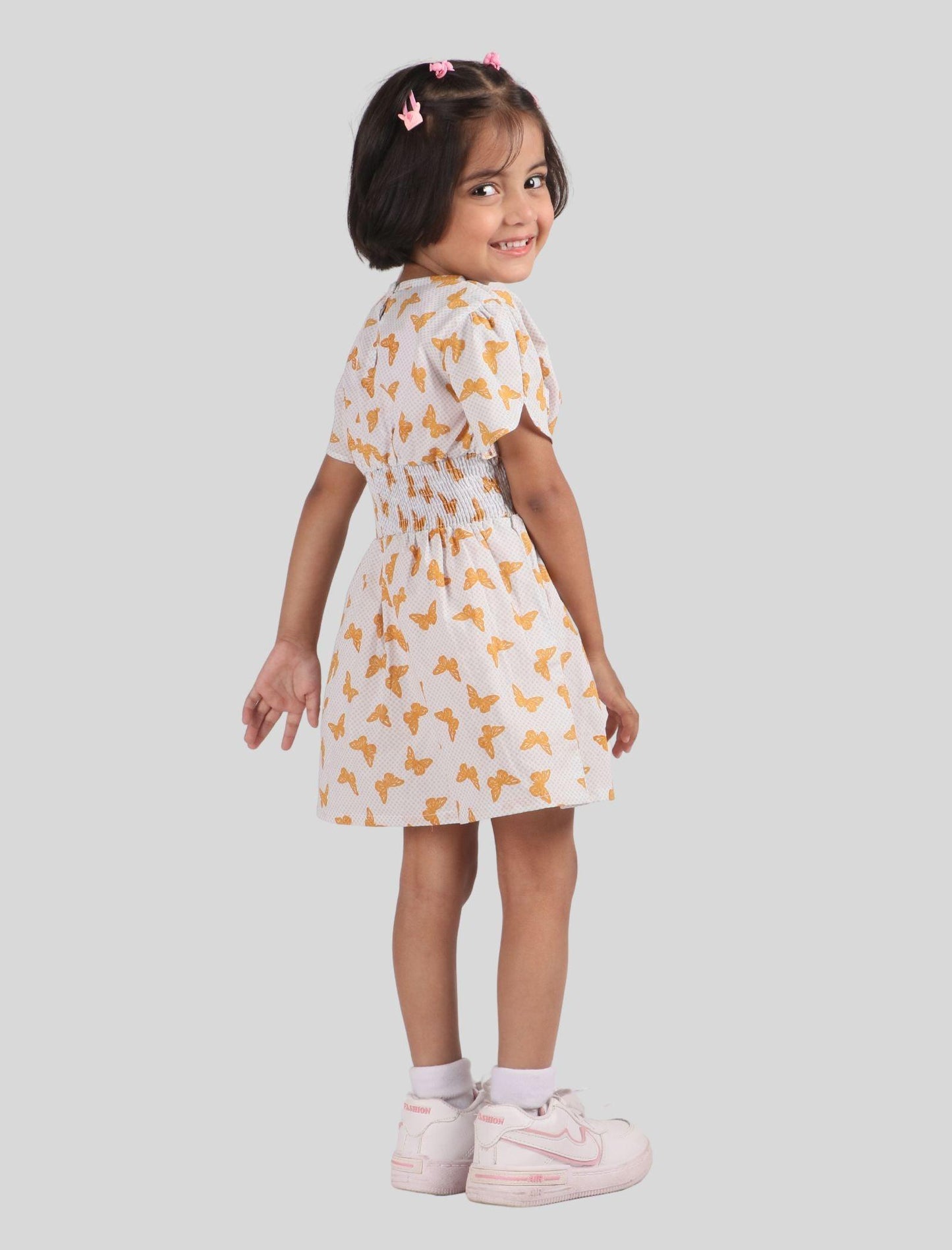Butterfly Printed Cotton Frock for Girls Kids (White) - Tweeny Mini