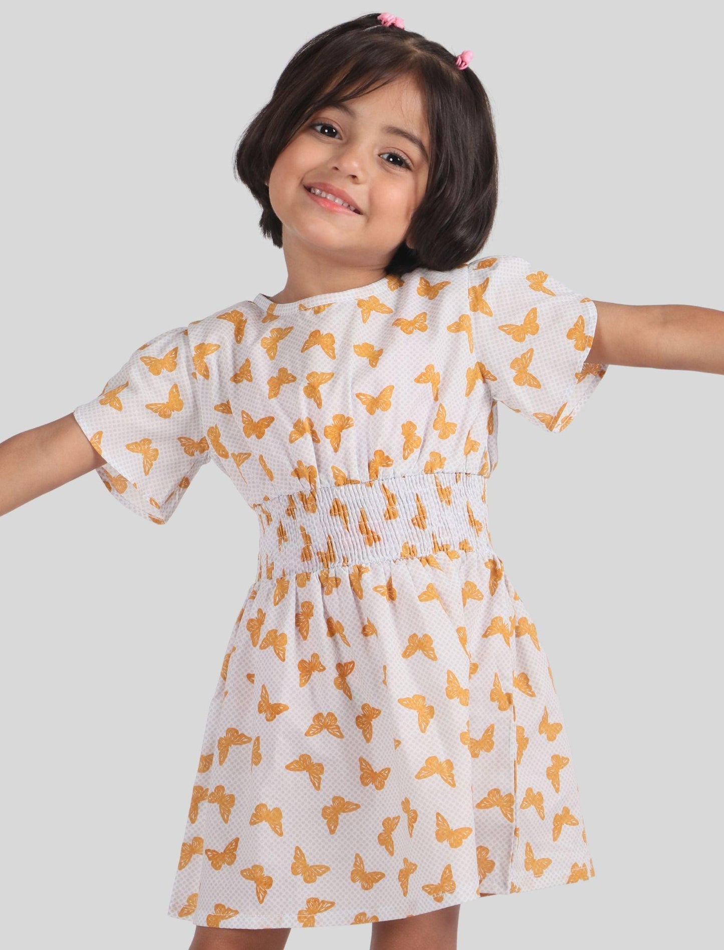 Butterfly Printed Cotton Frock for Girls Kids (White) - Tweeny Mini