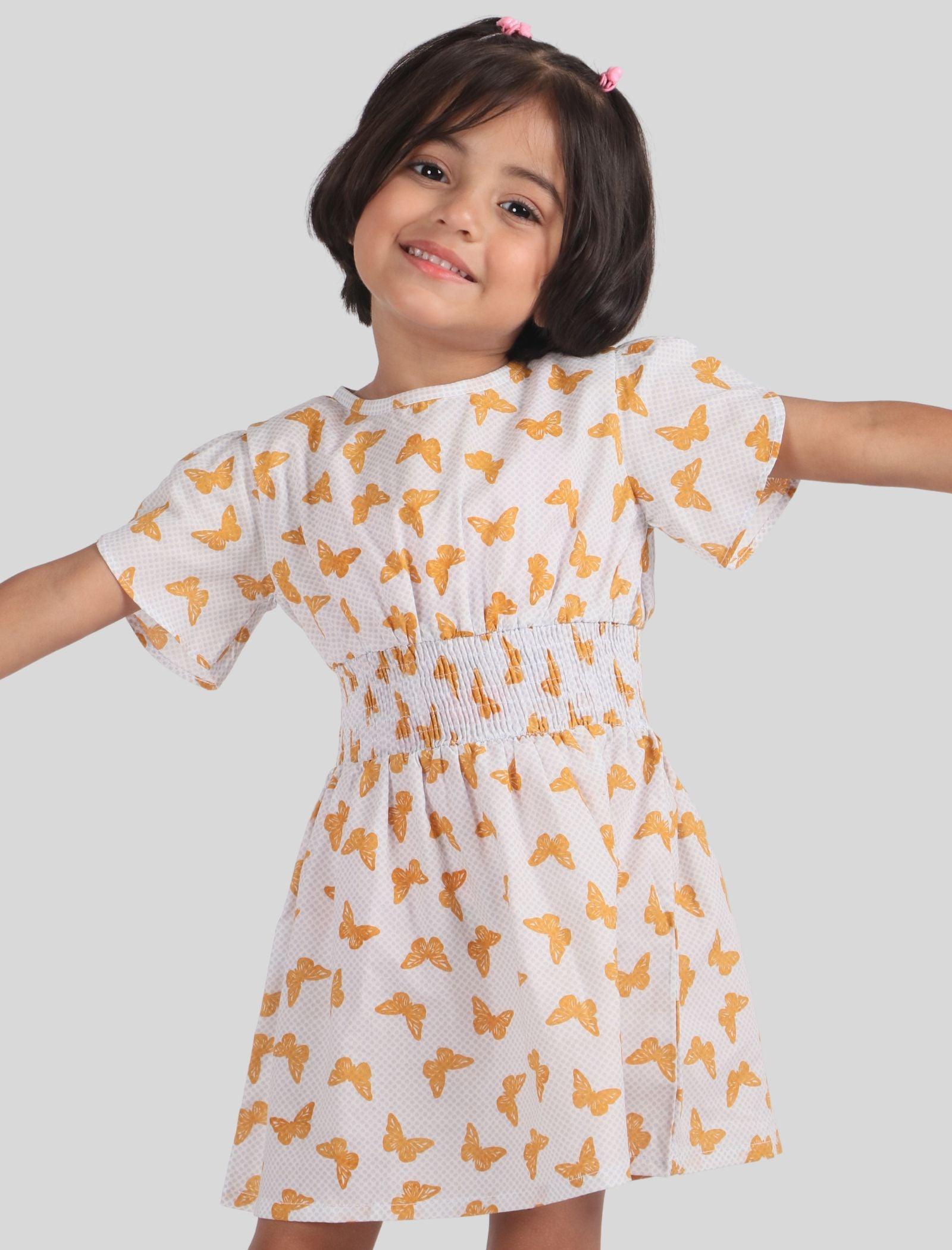 Butterfly Printed Cotton Frock for Girls Kids (White) - Tweeny Mini