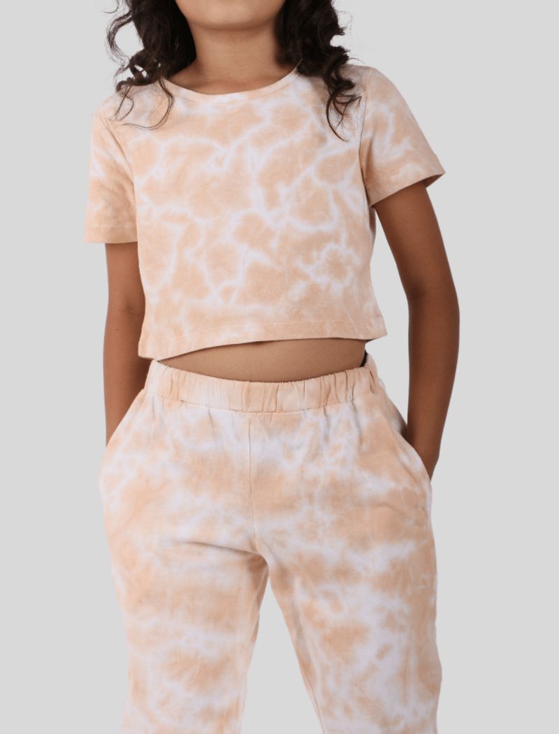 Girls Kids Co-ord Set Tie-Dye Jogger Pant with Crop Top For Summer Wear (Beige)
